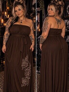Strapless Brown Maxi Dress with White Rose Detail